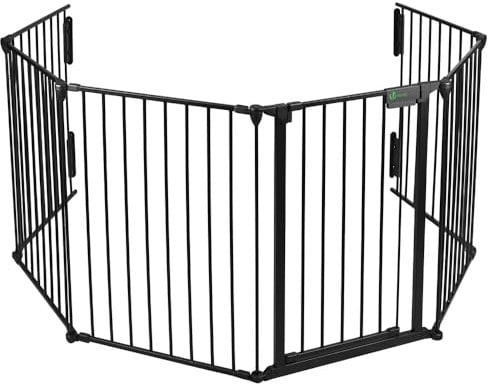 VOUNOT Kaminschutzgitter 360cm Metall, Türschutzgitter für Kinder-Sicherung, Absperrgitter Hund, Ofenschutzgitter Faltbar, 6 Elemente inkl. Sicherheitstür, mit Montagesatz, Schwarz