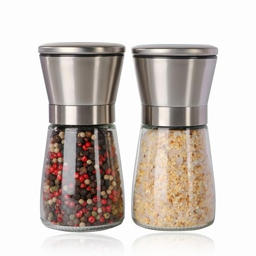 LIVITUP Salt and Pepper Grinder Set Refillable, Salt Pepper Grinder Shaker Stainless Steel Glass Pepper Mill with Adjustable Coarseness
