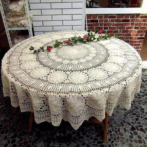 USTIDE Runde Häkelspitzentischdecke, Beige, wunderschöne Tischdecke für Esszimmer, Wohnzimmer, Küche, 160 cm