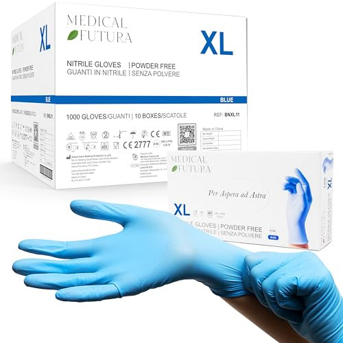 Medical Futura - 1000 Guantes de Nitrilo Desechables XL Azul, No Alergénicos Gr. 4.5, Sin Polvo, Sin Látex, Buenos para Esteticistas, Tatuadores, Talleres y Aplicaciones Médicas (XL, Azul)