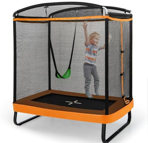 LIFEZEAL 2 en 1 Trampoline pour Enfants avec Balançoire, Trampoline Enfants avec Filet de Protection et Porte, Charge de 100/50 kg, 190x124,5x210 cm, Intérieur et Extérieur (Orange)