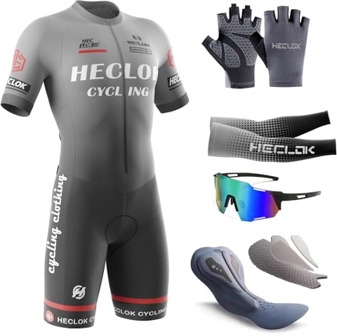 HECLOK Men's Cycling Skinsuit，One Piece Trisuit Bike Jumpsuit,Competition-Grade Handmade high-Density Sponge Padded，MTB Triathlon，Quick Dry Triathlon Suit，Short Sleeve One Piece Bodysuit (TYP-7,M)