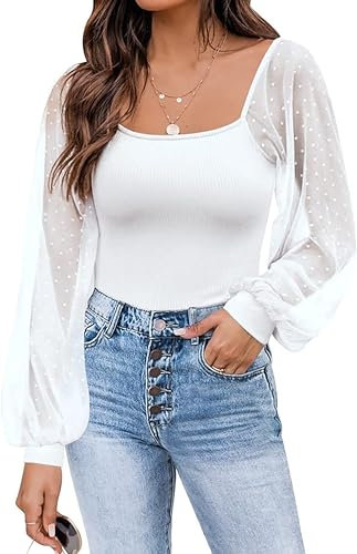 Timuspo Womens White Shirt Puff Mesh Long Sleeve Tops Slim Fit Polka Dot Summer Shirts Ribbed Knit Blouse L