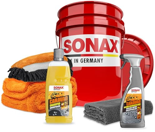 autopflege Wohnmobil Reiniger & Versiegelung Set | Sonax Caravan Shampoo 1l + Caravan Schnellversiegelung 750ml + Wascheimer mit Deckel + Waschhandschuh + Trockentuch + Poliertuch | Wohnmobilreiniger
