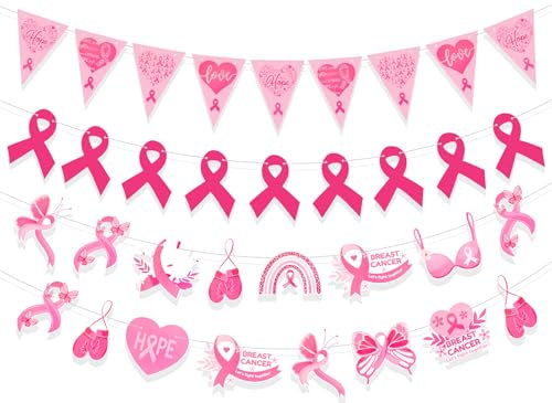 HOWAF Bannière Octobre Rose - Kit de Sensibilisation au Cancer du Sein avec Ruban et Guirlande - Accessoires et Décoration