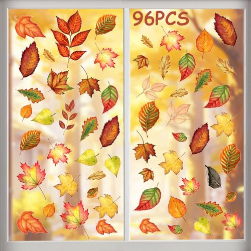 KIKISML Thanksgiving Herbstdeko Fenster Aufkleber, 96 Stück Herbst Fensterbilder Selbstklebend, Erntedankfest Fensteraufkleber, Ahornblätter Fensterdeko für Kinderzimmer