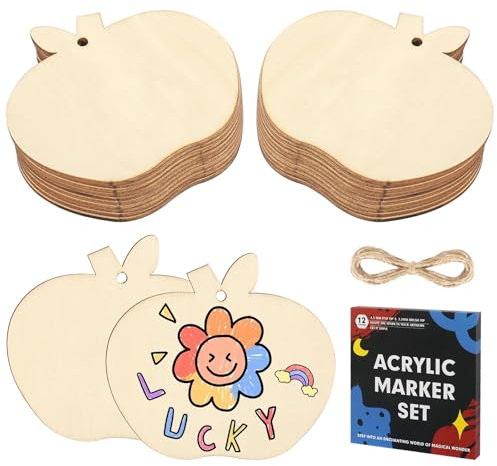 20 Stück Holzanhänger Äpfel Geschenkanhänger Rückgängig Gemacht Apfel Anhänger mit Acrylmarkern Apfelform Holzornamente DIY Holzscheiben für Hochzeit Geburtstag Weihnachten Dekoration