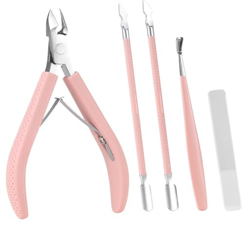 Arcjunys 4 Pcs Cuticle Nippers and Cuticle Pusher Cuticle Remover Tool Set Stainless Steel Professional Cuticle Cutter Clipper Cuticle Trimmer for Fingernails and Toenails Pink