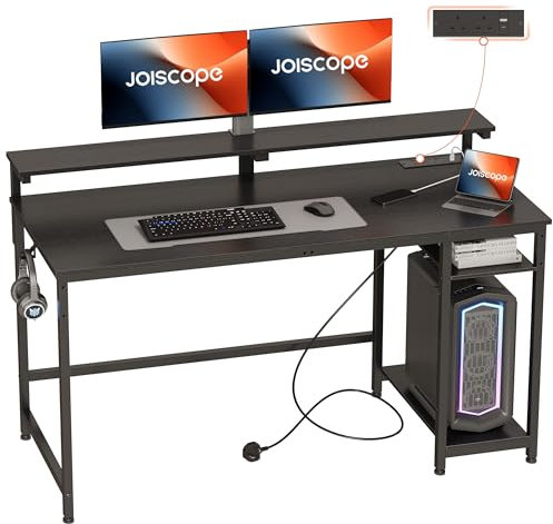 JOISCOPE Computer Desk, 140cm Gaming Desk with Power Outlets, USB & Type-C and Shelves, Black Desk with Tabletop PC Stand and Hooks, Home Office Desk for Work Play Study Bedroom Home Office, Black