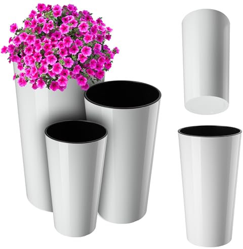 KADAX Lot de 3 Cache-Pots décoratifs Blanc Brillant H 36,8/47 / 57,5 cm, Plastique avec éclats de Bois, Insert Amovible – Style épuré pour décoration Moderne