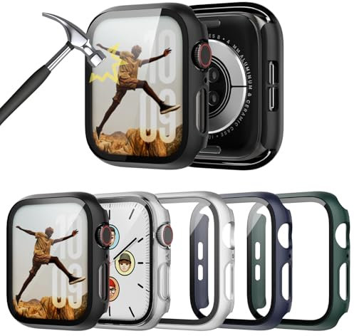 TGKML 5-Stück Kompatibel mit Apple Watch SE 2/SE/6/5/4 Schutzhülle mit Displayschutzfolie 44mm, Hard Gehäuse Eingebaut Kratzfest Gehärtetes Glas Schutzfolie für iWatch SE 4 5 6 44mm Zubehör