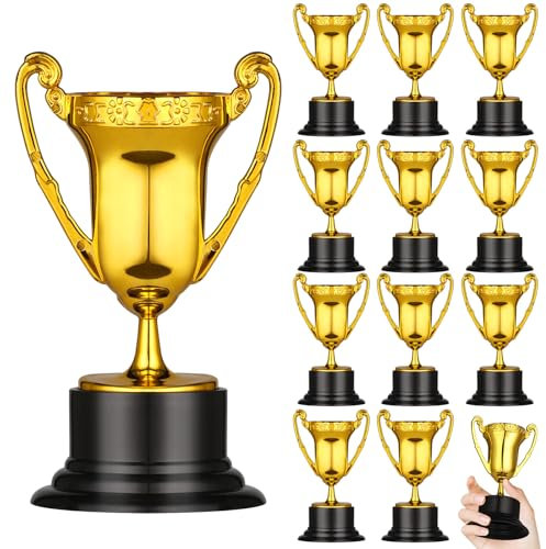 GeeRic 12PCS Mini Trophies Gold Trophy Plastic with Base Trophy Cups Winner Medals for Party Decoration/Competition/Sports/Activity/School Award/Party Favors