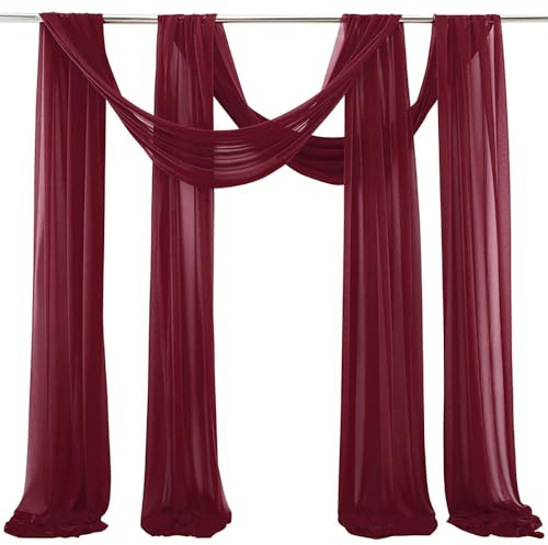 Mateju Chiffon Hochzeit Vorhang Hochzeitsbogen, 2 Stück Halloween Chiffon Tüll Stoff Querbehang Deko Gardinen Hintergrund Hintergrund für Dekoration Torbogen Zeremonie (75x300cm,Burgunderrot)