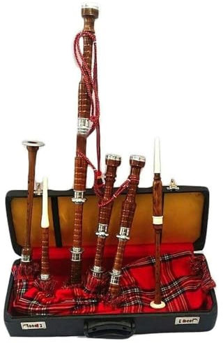 Toller schottischer Highland-Dudelsack mit Royal Stewart-Schottenkaro-Abdeckung und Zubehör, spielbarer Dudelsack mit braunem Finish, silberfarbene Halterungen, inklusive Tutorenbuch