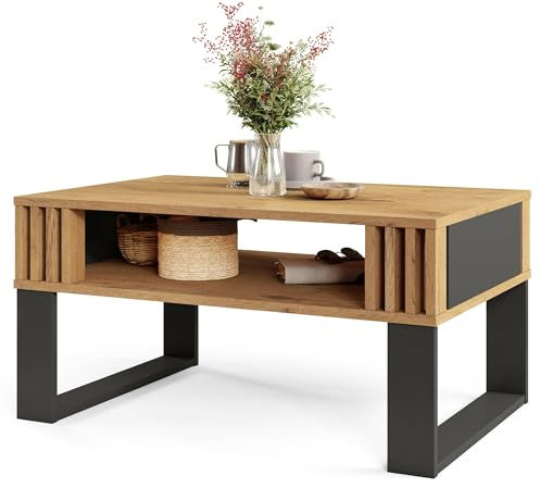 Viosimc Moderner Couchtisch mit Holzdekor-Lamellen, Rechteckiger Wohnzimmertisch mit Regal und Dekorativen Lamellen, Eleganter Zentraler Tisch für Wohnzimmer im Zeitgenössischen Design