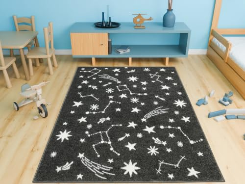 AKCILA Lima Grau Planeten,Sterne 120x170cm,Kurzflorteppich Schlafzimmer, Kinderzimmer Teppich, Babyzimmer Tepich,Teppiche Gegend, Dekorativ Kids Carpet,Kinderteppich,Spielteppich Kinder,Teppich Jugend