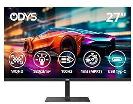 ODYS i27-Q-100-27 Zoll (69 cm) Office & Gaming Monitor (WQHD, 2.560x1.440 Pixel, 100 Hz, 1ms Reaktionszeit (MPRT), IPS Panel, FreeSync, HDMI, Display Port, USB-C (PC-Modus), Kopfhöreranschluss)