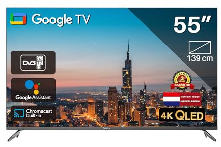 TEEVIEW Google Smart TV | QLED 4K UHD | 55”/140cm | Frameless Design | Tripple Tuner DVB-T/T2/S/S2/C | HDMI x3, USB x2, CI+ | Sprachsteuerung & Streaming-Apps | In Eindhoven montiert | TV55QQG-EU