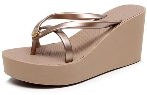 Chanclas de tacón de cuña para mujer Sandalias de goma antideslizantes Zapatillas de plataforma suela gruesa para playa piscina (Caqui, Adulto, 35, Números, Sistema tallas calzado EU, mediano)