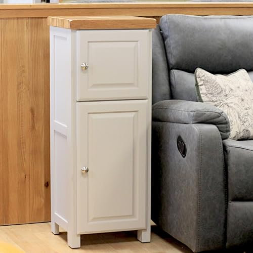 GROFurniture Painted Slim Cabinet Ready Assembled, Tall Freestanding Storage Organiser for Hallway, Bathroom & Living Room, Cashmere Grey Finish with Shelf, Narrow Corner Display Unit with Oak Top