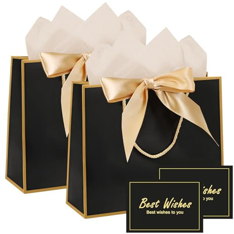 Geschenktüten, TACHIO 2er Set Papier Geschenkbeutel mit 4 Seidenpapierbögen und 2 Karten, Dekorative Geschenktaschen mit Schmuckband für Geburtstag, Hochzeit, Taufe, Party(Schwarz mit Goldrahmen)
