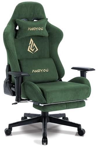 Andyou Gaming Stuhl, Luxuriöser Wildlederimitat Gaming Chair Ergonomischer Bürostuhl, Atmungsaktiver Schreibtischstuhl PC Stuhl mit Fußstütze, Kopfkissen und Armlehnen, 200 kg, Grün