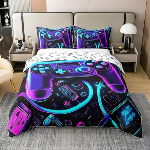 Loussiesd Gamer 100% Baumwolle Bettwäsche Set 135x200cm Neon Gamer Bettbezug für Kinder Jungen Mädchen Bunte Spiel Controller Bettbezug Videospiel Atmungsaktiv Bettwäsche-Set Sammlung