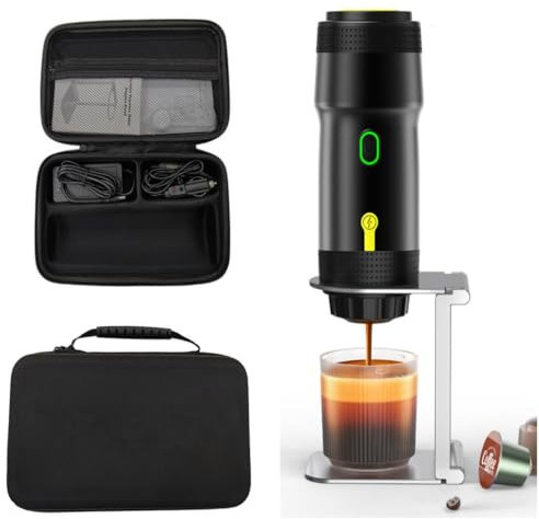ALNOTEC Cafetière Expresso Portable 20 Bars rechargeable- Machine a Cafe Portable -Auto-Chauffante- Compatible Capsules NES, DG & Café Moulu-chargeur USB, 220V et Voiture-Housse+Support d'Égouttement.