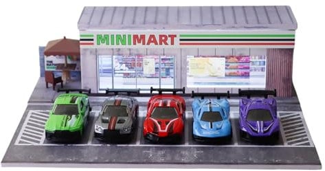 ZAWALUD 1/64 Scale Diecast Toy Car Storage: Display Case for Hot Wheels Garage & Matchbox - Art Deco Mini Mart Theme, Parking Garage Diorama with LED Lights and 5 Outdoor Parking Space