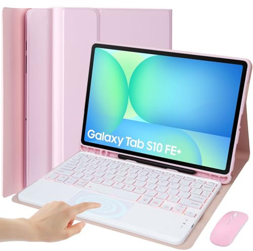 EHLCYS Funda con Teclado Táctil para Samsung Galaxy Tab S10 FE+ Plus 13,1 2025 (SM-X620/X626), Ñ Español Teclado Extraíble con Retroiluminación 7 Colores, Soporte para Lápiz Y Ratón,Rosado