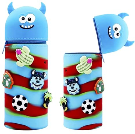 2-in-1 Silikon Federmäppchen, Federtasche aus weichem Silikon, Kawaii Federmäppchen, für Stifte, Unisex Kapazität Mäppchen, Make-up-Pinsel, Niedliche Schule Geschenke für Kinder, Blau-grünes Monster