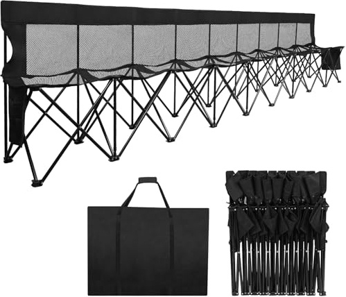 Permade Soccer Bench- Folding Team Bench Soccer 9 Seats, Portable Sideline Sports Benches with Mesh Seat and Back with Bag, Foldable Breathable Chairs for Sports Football Camp Events (Black