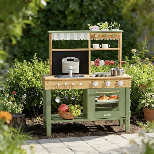 ROBUD Cuisine en Bois pour Enfants, 17 pièces de Cuisine avec évier, Tableau Noir et Accessoires, Cuisine extérieure pour Barbecue, Jeu de éducatif pour Les Enfants de 3 Ans et Plus