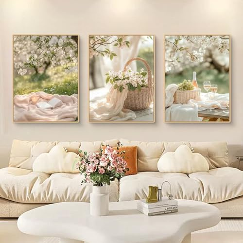 TROYSINC 3er Poster Set Frühling-Picknick romantische Bilderfolge, Cremefarbene Wandbilder fürs Wohnzimmer, französisch-inspirierte Deko für Hintergrundwände (A, 21x30cm)