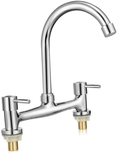 Küchenarmatur mit Zwei Griffen, Doppelloch, 360° Drehbar, Silber | Kupfer Legierung Abs, Warm und Kaltwasserregler, für Küchenspüle und Bauernhaus Zufälliger Stil