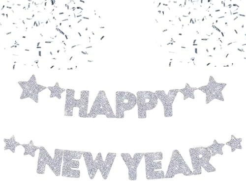 Silvester Deko 2026 Silber, Happy New Year Girlande Silber, Glitzernde Neujahrs Dekoration für Silvester Party, Banner Hängedeko für Drinnen und Draußen