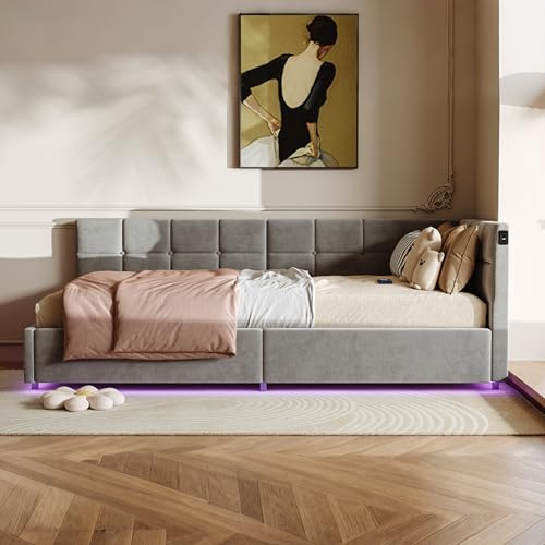 Zorvani Polsterbett Schlafsofa 90x200 mit LED-Beleuchtung und hydraulischem Stauraum, Jugendbett mit USB-Ladefunktion, Kinderbett Einzelbett Schlafsofa mit Lattenrost, Samtstoff (Grau)