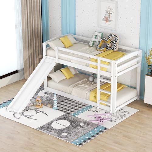 LinoraFurn Etagenbett für Kinder und Jugendliche, Kinderbett mit Rutsche, Massivholzrahmen, einfache Montage, 90X200cm (weiß)