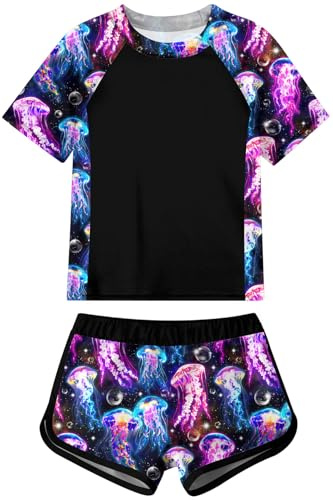 Fanient Girls Sports Swimming Costume Kids UPF 50+ Rash Guard Swimsuit Short Sleeve Jellyfish Printed 2-Piece Swimwear 9-10 Years,10T