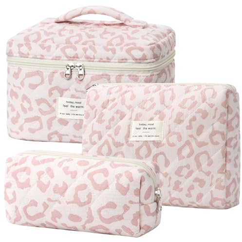 BuyCard Lot de 3 Trousses de Toilette pour Femme avec Motif Floral - Trousse de Toilette matelassée - Portable - pour Les Voyages et la Vie Quotidienne (3, Pink Leopard)