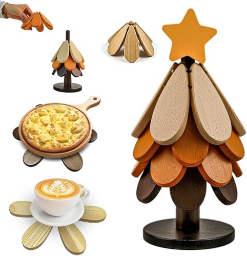Weihnachtsbaum Holz Untersetzer,holz untersetzer topf,4-Teiliger Topfuntersetzer Holz Weihnachtsbaum für heiße Speisen,mit 1 Ständer & Stern Deko,für Heiße Töpfe und Pfannen