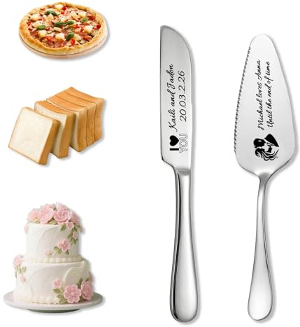Takuno Personalised Wedding Cake Cutting Set Custom Cake Knife and Server Set Engraved Stainless Steel Knife with Name Customised Gifts for Wedding Birthday Anniversary(2Pcs,Silver)
