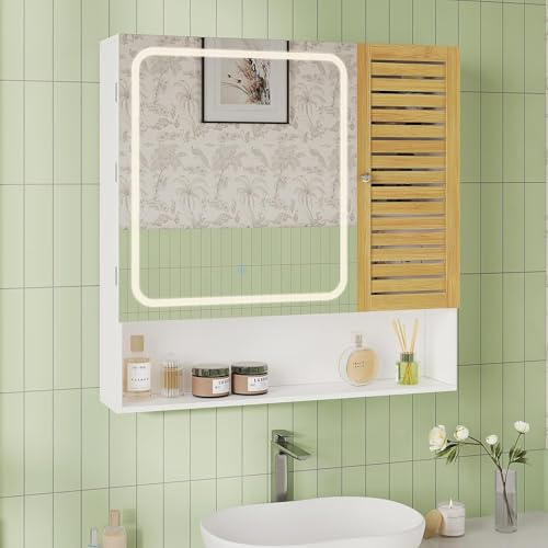 FORABAMB Specchio Bagno con Mensole Regolabili 80x16x77 cm, Specchiera Bagno con Luce LED Regolabile e Presa Elettrica, Specchio Bagno Contenitore con Controllo Touch e Specchio ad Alta Definizione