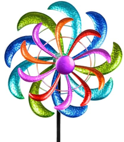 Kremers Schatzkiste Windrad Garten Metall bunt 30 / 124cm Windspiel Blume kugelgelagert Gartendeko wetterfest mit Erdspieß farbenfrohe Windmühle für Garten & Terrasse