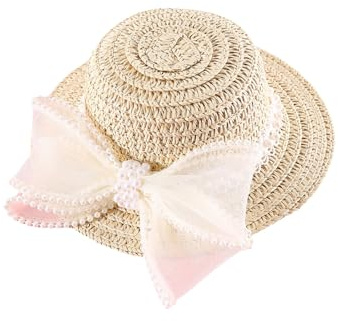 Nucelit Sombrero de paja para mascotas con decoración de lazo de perla, sombrero de vestir al aire libre, viajes, fotografía, mascotas, sol, moda, paja, perros, perros a prueba de sol para perros