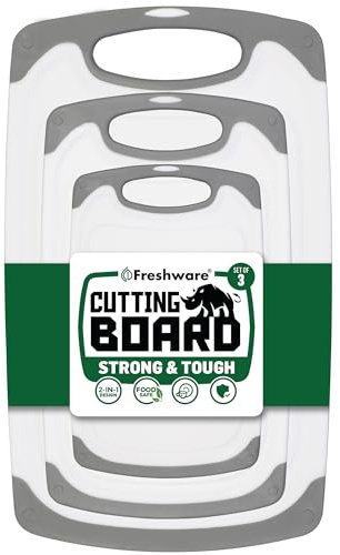 Freshware Cutting Boards for Kitchen, Chopping Board 3-Pack with Different Sizes, Juice Grooves and Non Slip Handles - Reversible, Large Cutting Board Set - Dishwasher Safe - Gray