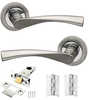 Infinity Decor Twisted Lever on Rose Door Handles Set - Latch & Hinges Pack in Dual Tone, for Internal and External Use
