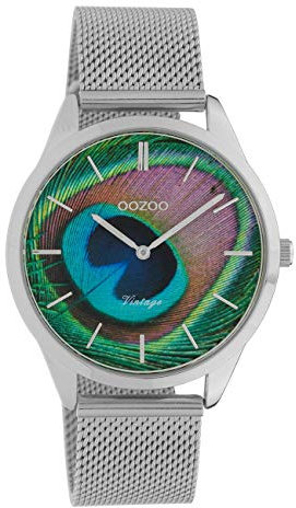 Oozoo Vintage Damenuhr Edelstahl Milanaiseband Pfau Peacock Zifferblatt 43 MM Silberfarben C10250