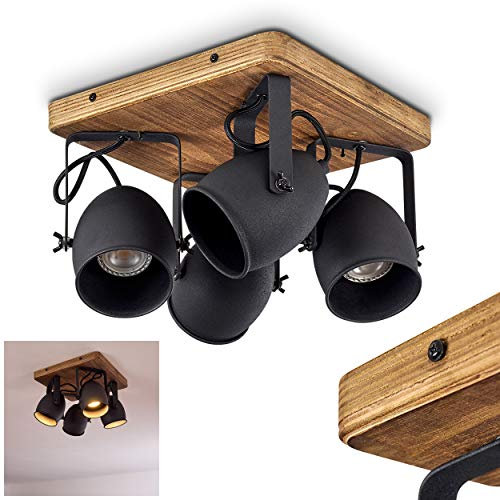 Deckenleuchte Vanuatu, Vintage Deckenlampe aus Metall/Holz in Schwarz/Braun im Industrial-Style, 4-flammig, Lampenschirme dreh- u. schwenkbar, 4x GU10-Fassung, ohne Leuchtmittel
