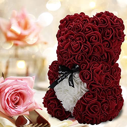 Rose Flower Bear - Hand Made Teddy Bear, Best Artificial Decoration Gift for Women, Mom, Girls - Birthday, Party - Unique Present in Clear Gift Box (Wine Red)